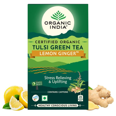 A TATA Product - Organic India Tulsi Green Tea Lemon Ginger - 25 Teabags, Herbal Blend with Green-Tea, Tulsi, Lemon & Ginger, Supports Digestion, Refreshing Taste, Natural Ingredients